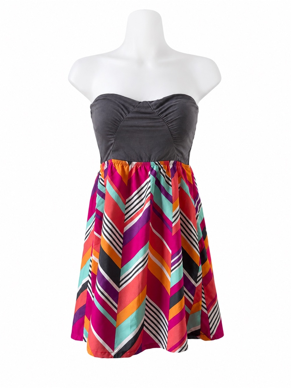 Roxy Strapless Dress with Gray Bodice and Multicolor Chevron Skirt